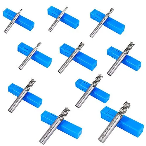 10 pcs 4-Flute End Mill Bits, AFUNTA 0.08" - 0.47" HSS CNC Straight Shank Drill Bits Cutter Tool Set for Wood Aluminum Steel Titanium