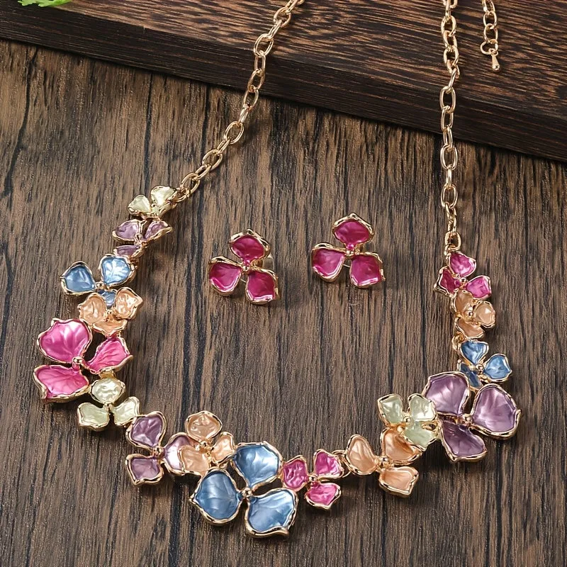 3pcs Earrings Plus Necklace Vintage Jewelry Set Luck Grass Design Oil Dripping Craft Match Daily Outfits Party Accessories