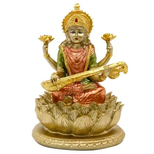 6.3" H Saraswati Sitting on Lotus Figurines in Antique Gold,Hindu God Staute for Meditation Altar Indian Gods and Goddesses,Indian Saraswati Idol for Diwali Gifts/Inidian Home Temple/Mandir