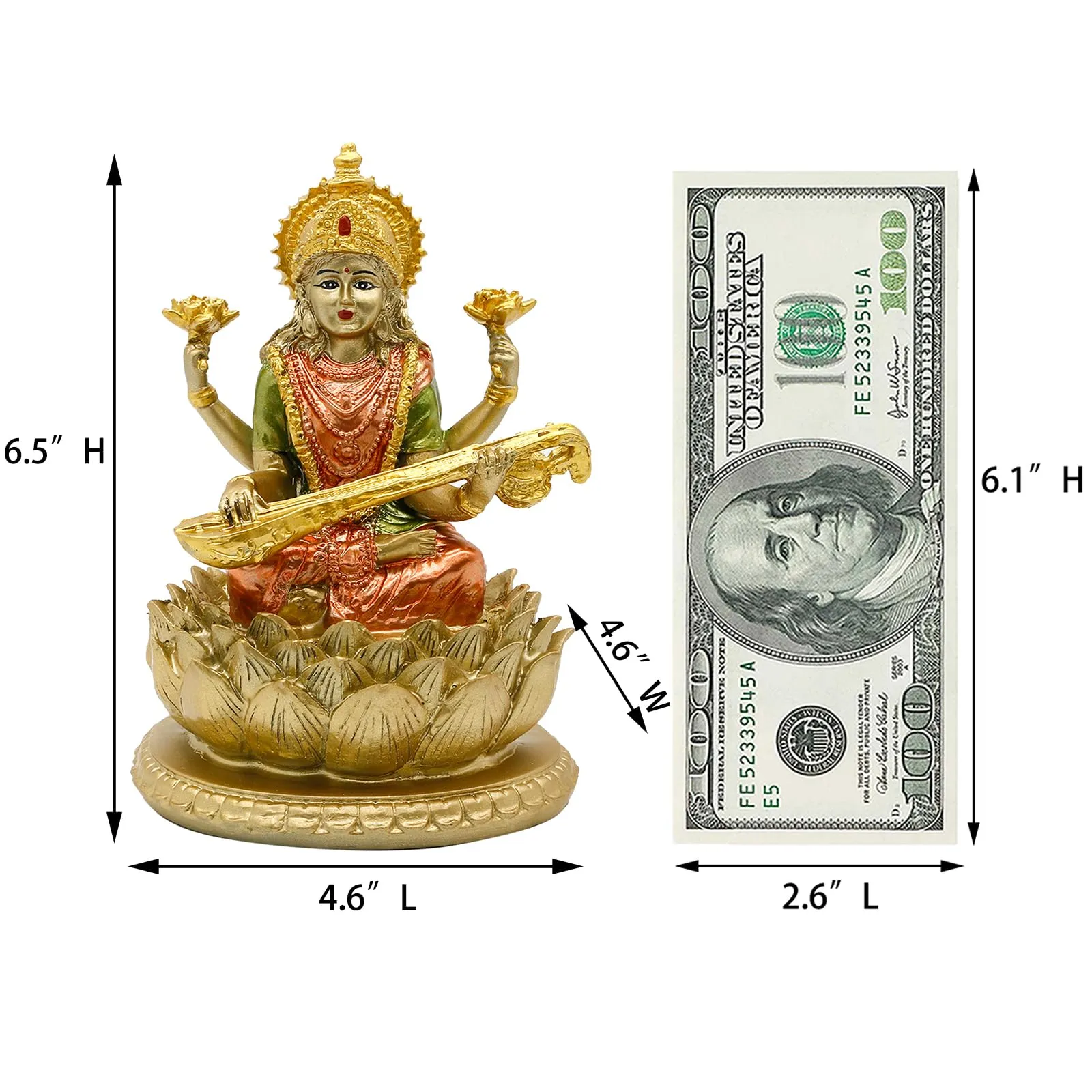 6.3" H Saraswati Sitting on Lotus Figurines in Antique Gold,Hindu God Staute for Meditation Altar Indian Gods and Goddesses,Indian Saraswati Idol for Diwali Gifts/Inidian Home Temple/Mandir