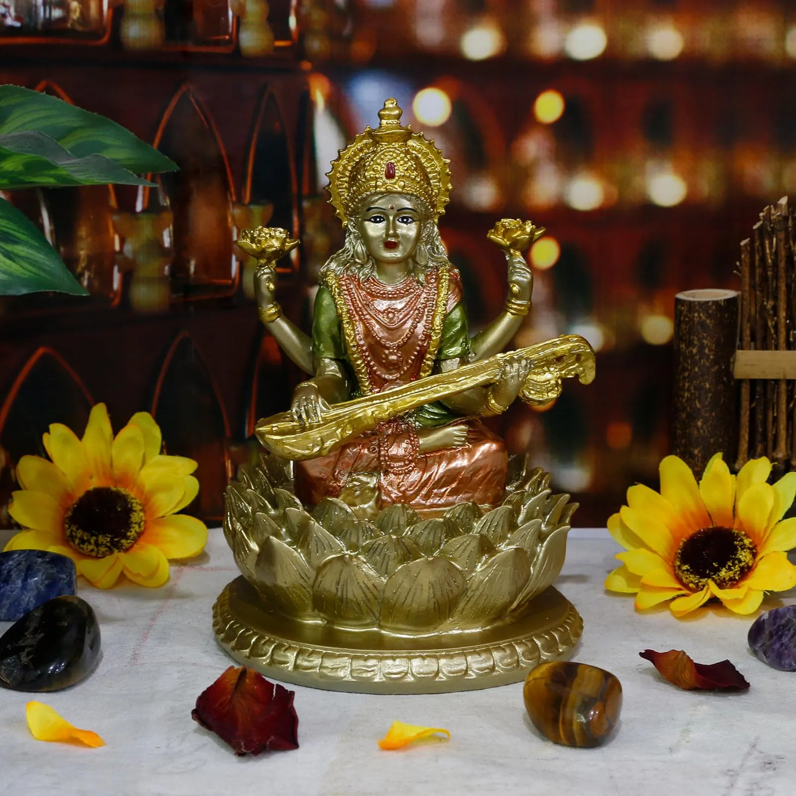 6.3" H Saraswati Sitting on Lotus Figurines in Antique Gold,Hindu God Staute for Meditation Altar Indian Gods and Goddesses,Indian Saraswati Idol for Diwali Gifts/Inidian Home Temple/Mandir