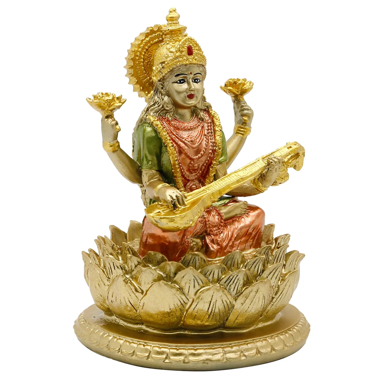 6.3" H Saraswati Sitting on Lotus Figurines in Antique Gold,Hindu God Staute for Meditation Altar Indian Gods and Goddesses,Indian Saraswati Idol for Diwali Gifts/Inidian Home Temple/Mandir