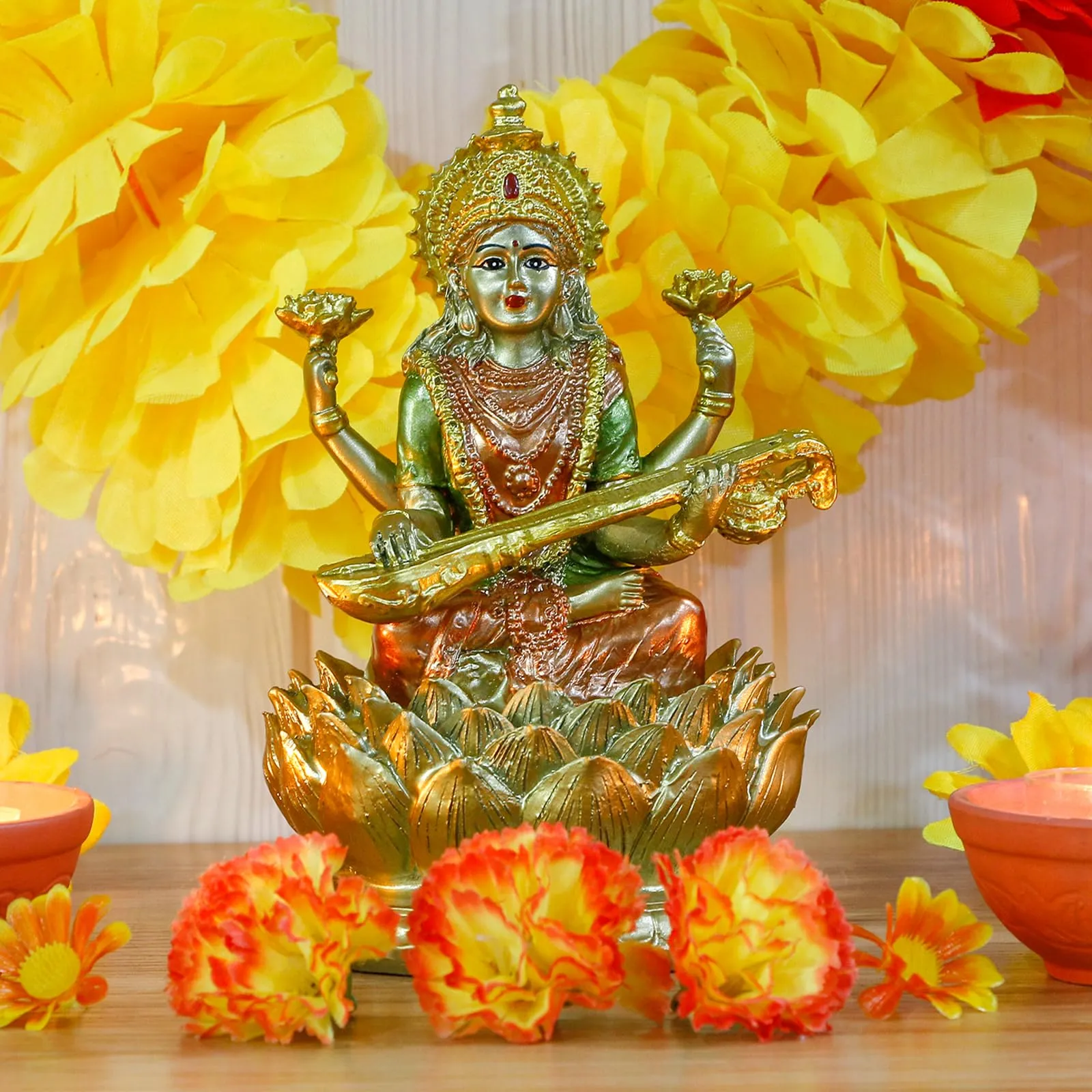 6.3" H Saraswati Sitting on Lotus Figurines in Antique Gold,Hindu God Staute for Meditation Altar Indian Gods and Goddesses,Indian Saraswati Idol for Diwali Gifts/Inidian Home Temple/Mandir