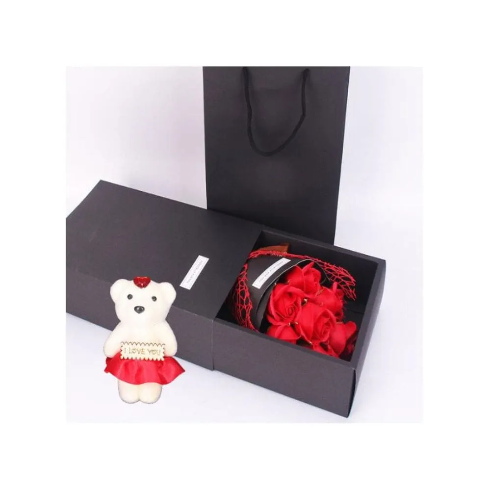 7 Rose Soap Flower With Teddy Bear Gift Box Small Bouquet For Wedding, Birthday,Christmas,Mother's Day, Valentine Day Gifts