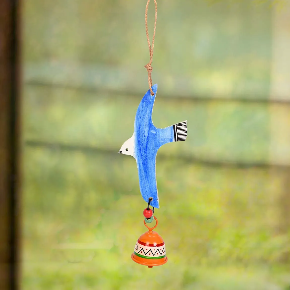 Aakriti Art Creations Handpainted Blue Fly Bird Wind Chimes with Metal Bell for Home Decoration