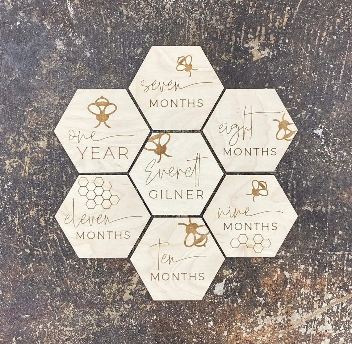 American-Elm Set of 12 Baby Monthly Milestone Markers Wooden Month Signs | Bee Theme Baby Decor | Photo Prop