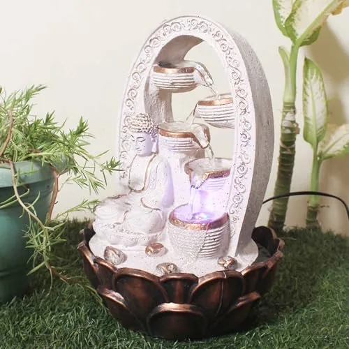 Art N Hub Lord Buddha Fengshui Stone Look Water Fountain Interior Decoration Items for Home Best As Gift Items for Home Decoration (27 x 27 x 41 CM | Dotted Pink Copper)