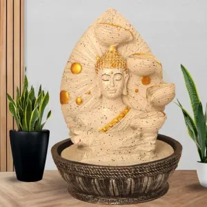 Art N Hub Lord Buddha Indoor Outdoor Tabletop Fountain for Home Decor Office Decor and Gifting Built Home Decorative Gift Items (23 x 23 x 34 CM | Dotted White Golden)