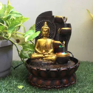 Art N Hub Lord Gautm Buddha Indoor Outdoor Tabletop Fountain for Home Decor Office Decor and Gifting Built Home Decorative Gift Items (20 x 20 x 26 CM | Brown Golden)