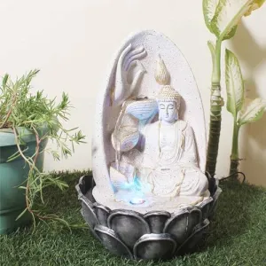 Art N Hub Lord Gautm Buddha Indoor Outdoor Water Fountain Gift Items for Home Decoration and Office Decoration | Vastu Showpiece for Home (27 x 27 x 38 CM | Dotted White Golden)