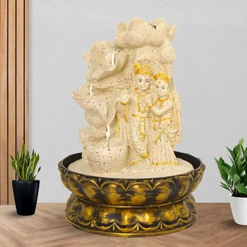 Art N Hub Lord Radha Krishna Home Decorative Water Fountain Best Home and Office Inauguration Gift Items | Built (20 x 20 x 27 CM | Dotted Cream Golden)