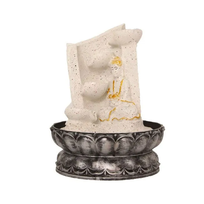 Art N Hub Meditating Buddha Indoor Waterfall Fountain Office Decorative Items for Desk Best Welcome Gifts for Guest Also Best Gift Items for Home Decoration (20 x 20 x 26 CM | Dotted White Golden)