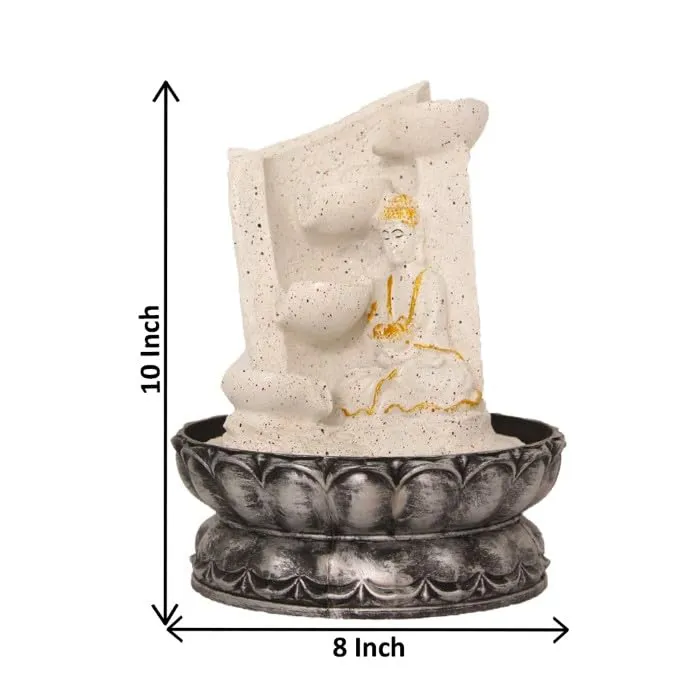 Art N Hub Meditating Buddha Indoor Waterfall Fountain Office Decorative Items for Desk Best Welcome Gifts for Guest Also Best Gift Items for Home Decoration (20 x 20 x 26 CM | Dotted White Golden)