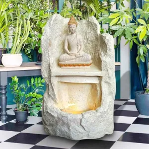 Art N Hub Meditation Buddha Indoor Outdoor Big Sandstone Fountain for Home Decor Office Decor and Gifting Built Home Decorative Gift Items (38 x 38 x 64 CM | Ivory & Golden)