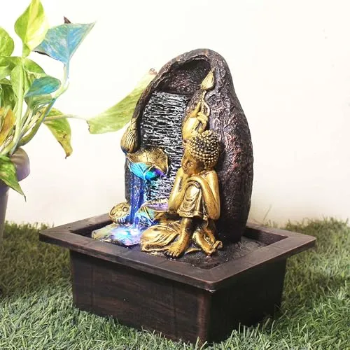 Art N Hub Resting Buddha Indoor Outdoor Water Fountain for Home Vastu and Temple Decoration Best Home Inauguration Gift Items Showpiece (21 x 18 x 26 CM | Golden Copper & Silver)