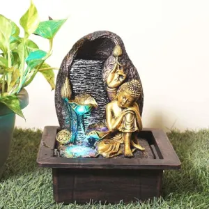 Art N Hub Resting Buddha Indoor Outdoor Water Fountain for Home Vastu and Temple Decoration Best Home Inauguration Gift Items Showpiece (21 x 18 x 26 CM | Golden Copper & Silver)