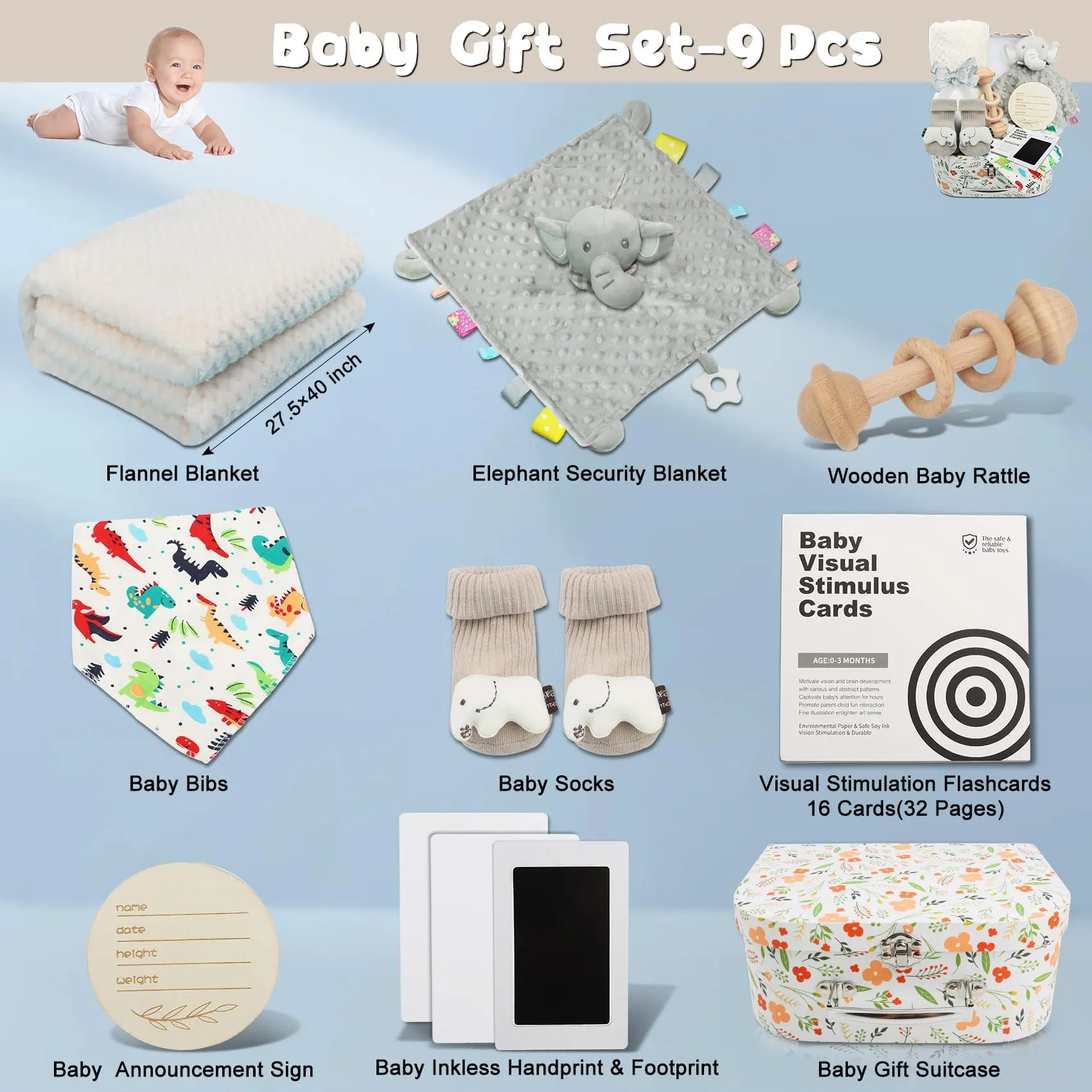 Baby Boy Shower Gifts Set: 9PCS Newborn Gifts Hamper Unisex Including Baby Blankets&Baby Bibs&Baby Socks and More - New Born Baby Boys Presents Box Personalised