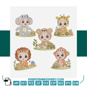 Baby Safari Animal Embroidery Design Pack – 5 Designs in 4 Sizes | FineryEmbroidery