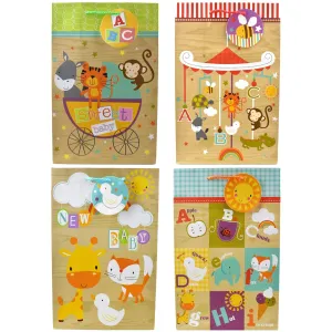 Baby Shower Cartoon Animals Gift Bags, 12-Inch, 4-Piece