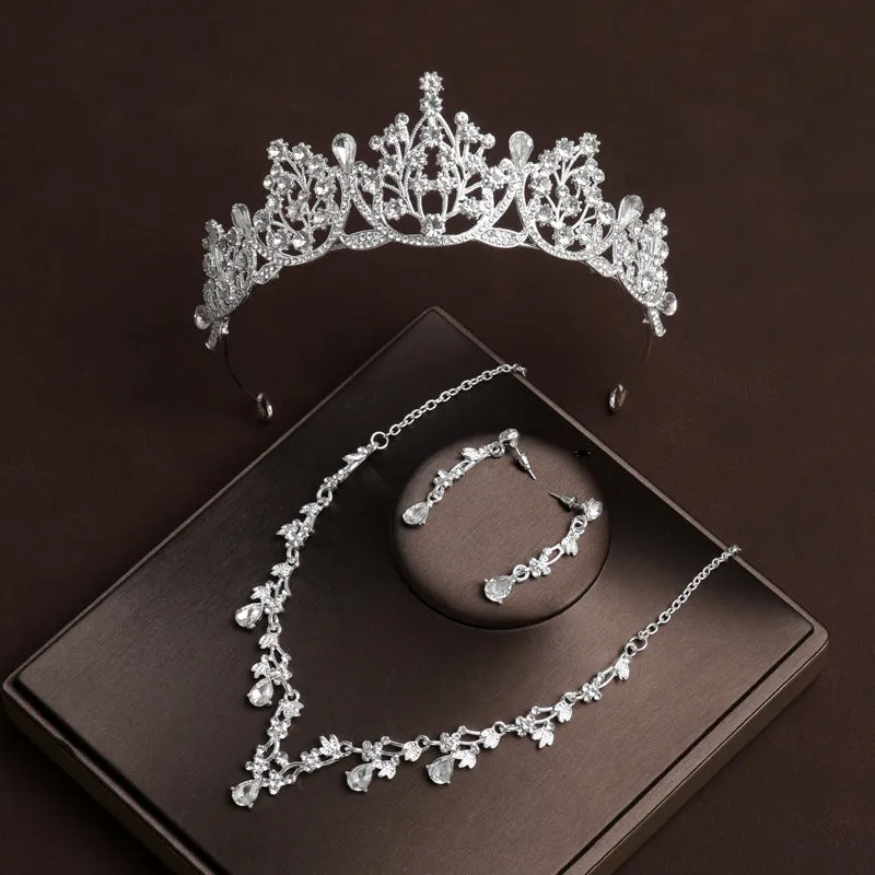 Bridal Tiara Three-Piece Crown Necklace High-End Gold White Tiara Earrings Jewelry Sets