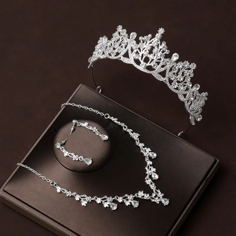 Bridal Tiara Three-Piece Crown Necklace High-End Gold White Tiara Earrings Jewelry Sets