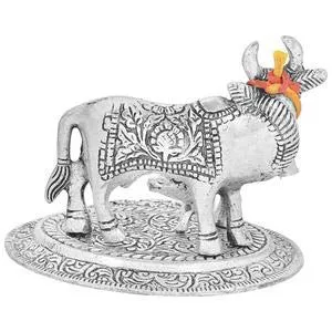 BRIJ HAAT Kamdhenu Cow and Calf metal Showpiece for Home Decoration and Decorative Gift Item (Silver)