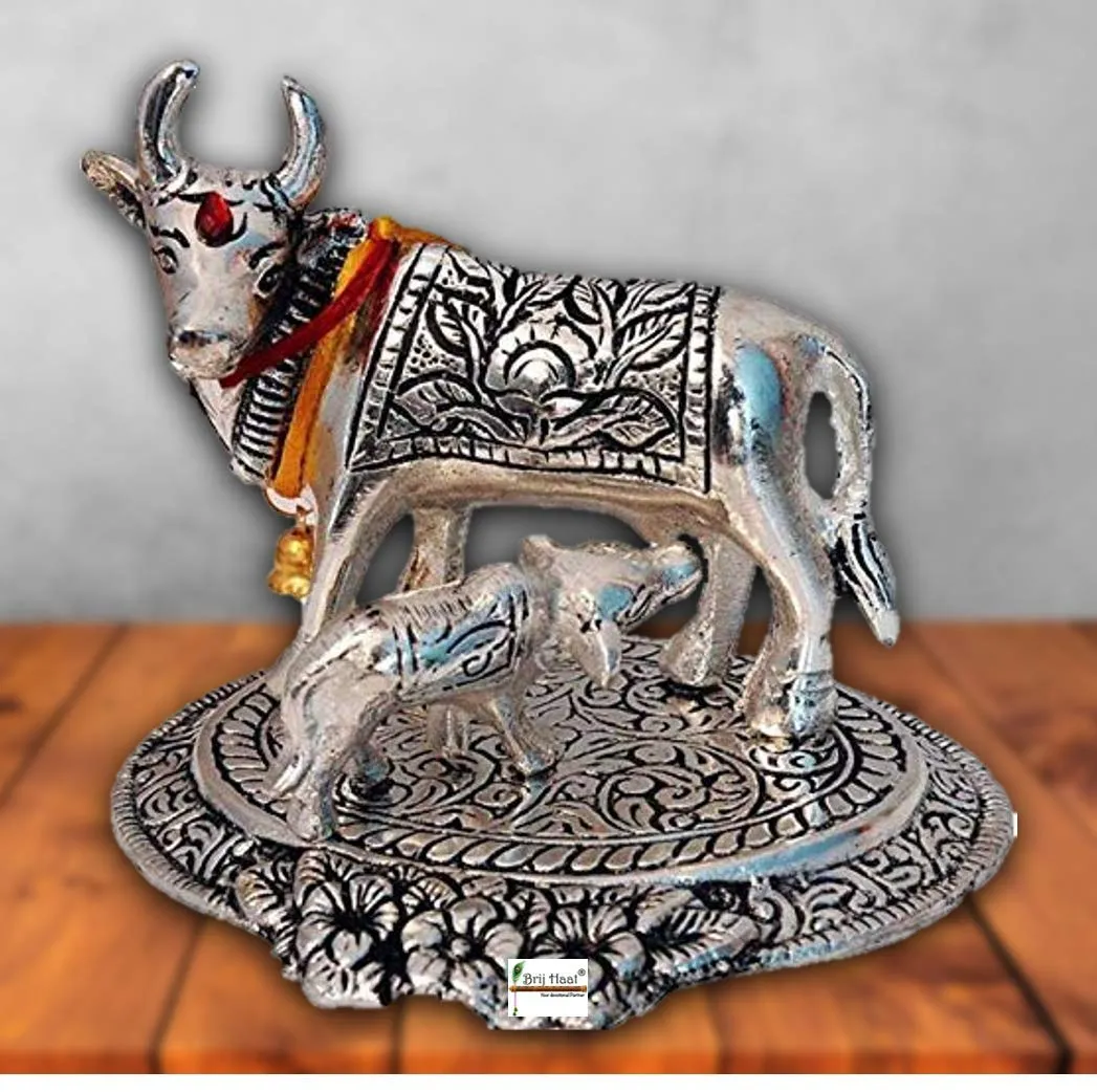 BRIJ HAAT Kamdhenu Cow and Calf metal Showpiece for Home Decoration and Decorative Gift Item (Silver)