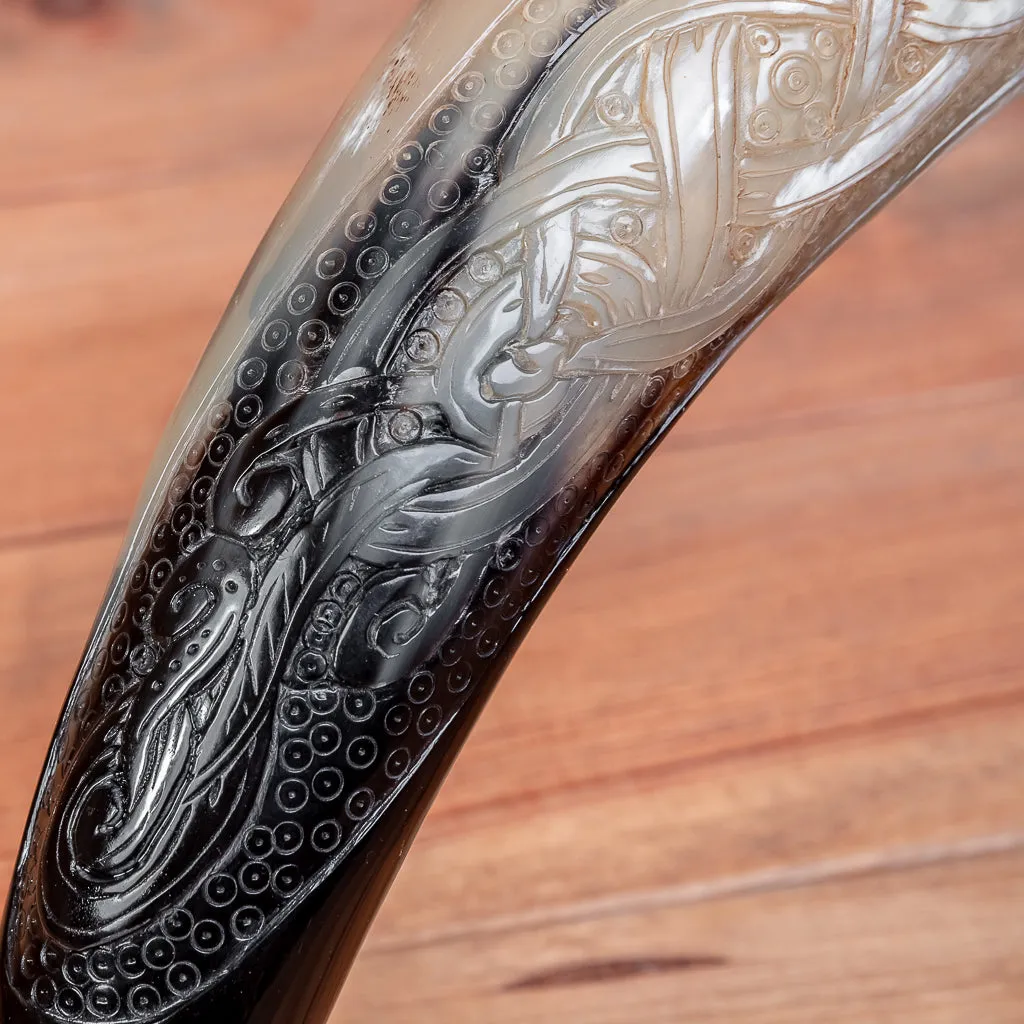 Carved Dual Dragon Drinking Horn