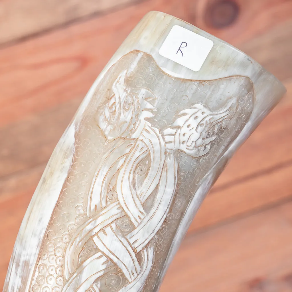 Carved Dual Dragon Drinking Horn