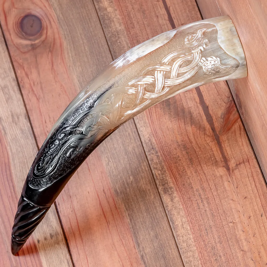 Carved Dual Dragon Drinking Horn