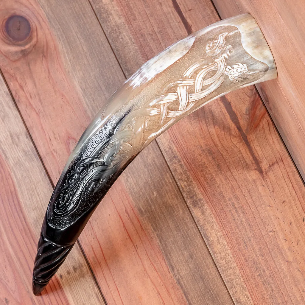 Carved Dual Dragon Drinking Horn