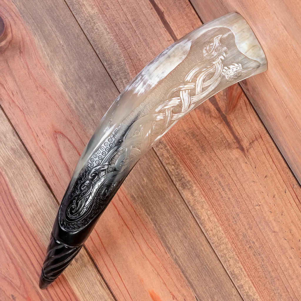 Carved Dual Dragon Drinking Horn