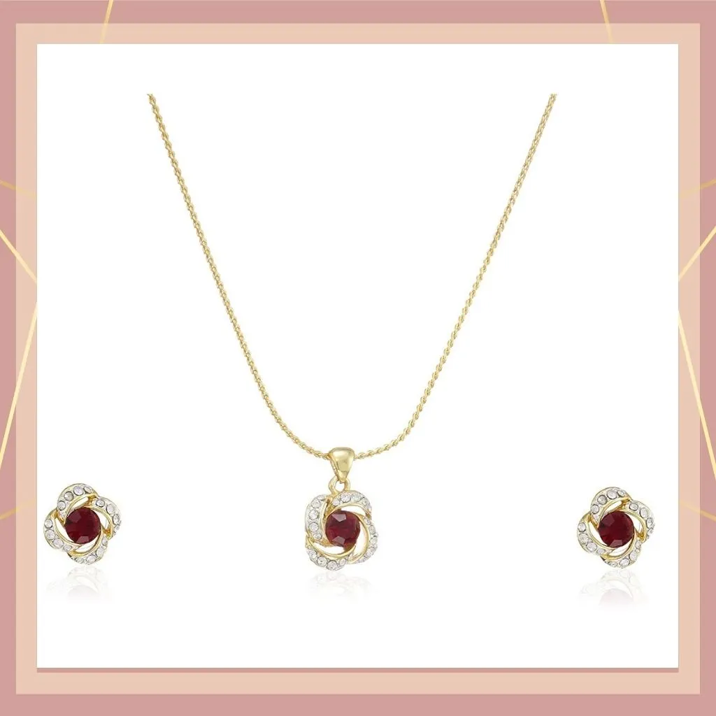 Estele 24 Kt Gold Plated Pendant Set with Red stones and Austrian Crystals