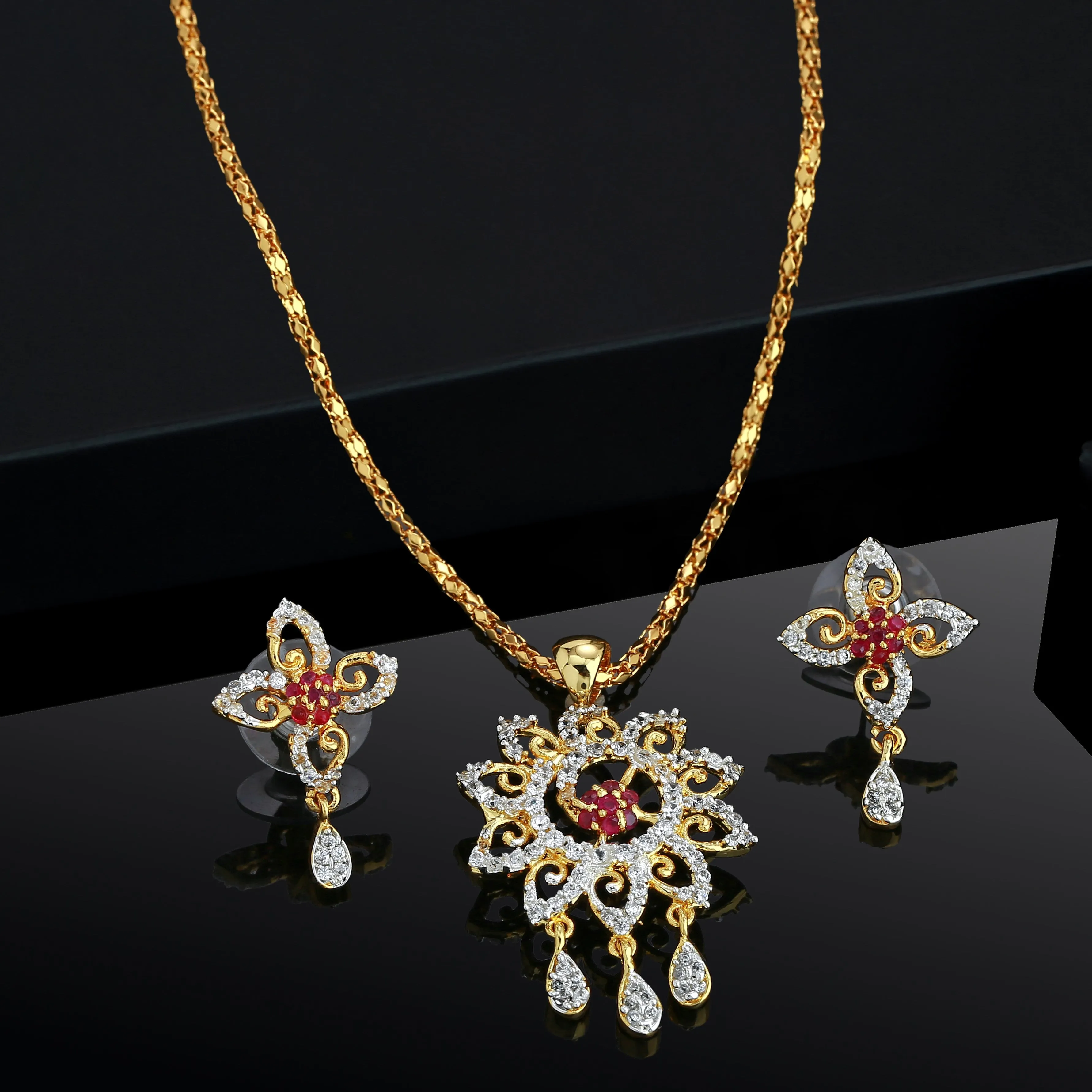 Estele American Diamond CZ Flower with Ruby Stones Pendant set for Women