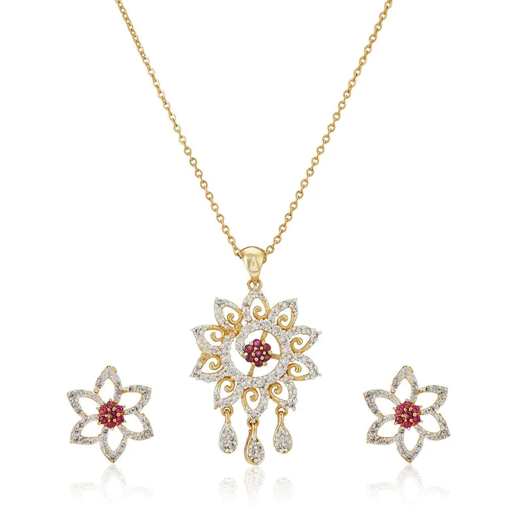 Estele American Diamond CZ Flower with Ruby Stones Pendant set for Women