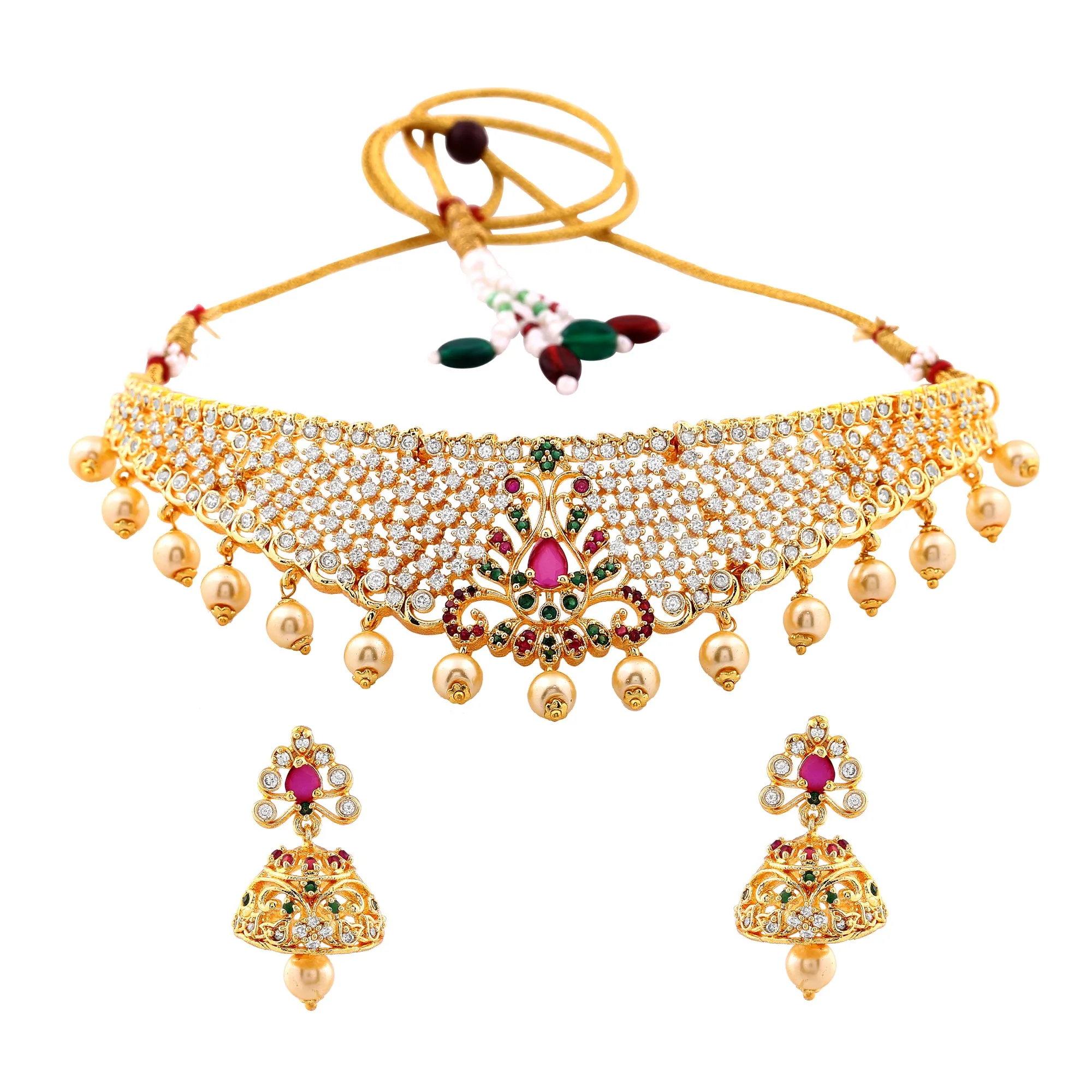 Estele Gold Plated CZ Fascinating Bridal Necklace Set with Colored Stones & Pearls