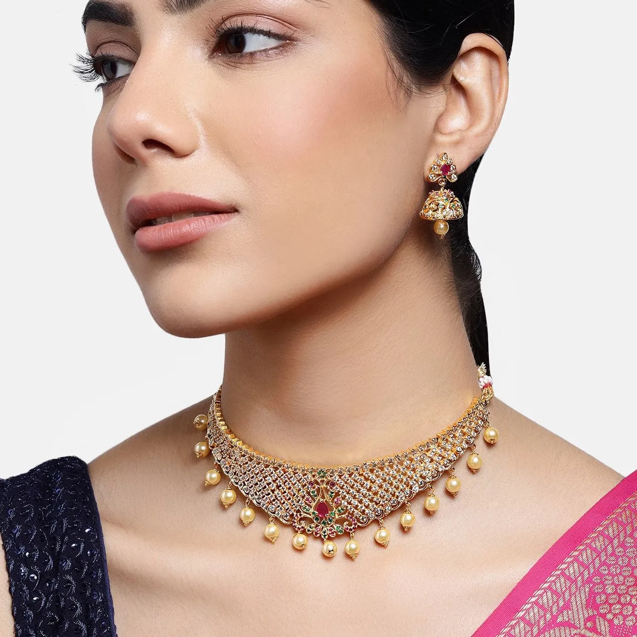 Estele Gold Plated CZ Fascinating Bridal Necklace Set with Colored Stones & Pearls