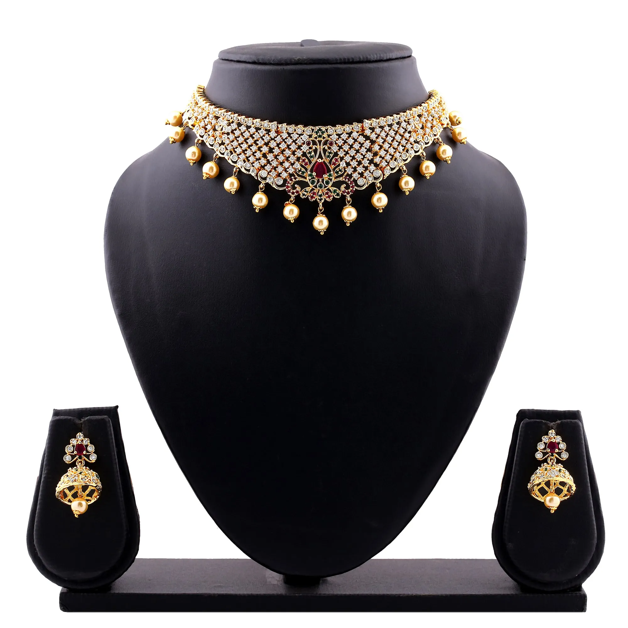 Estele Gold Plated CZ Fascinating Bridal Necklace Set with Colored Stones & Pearls