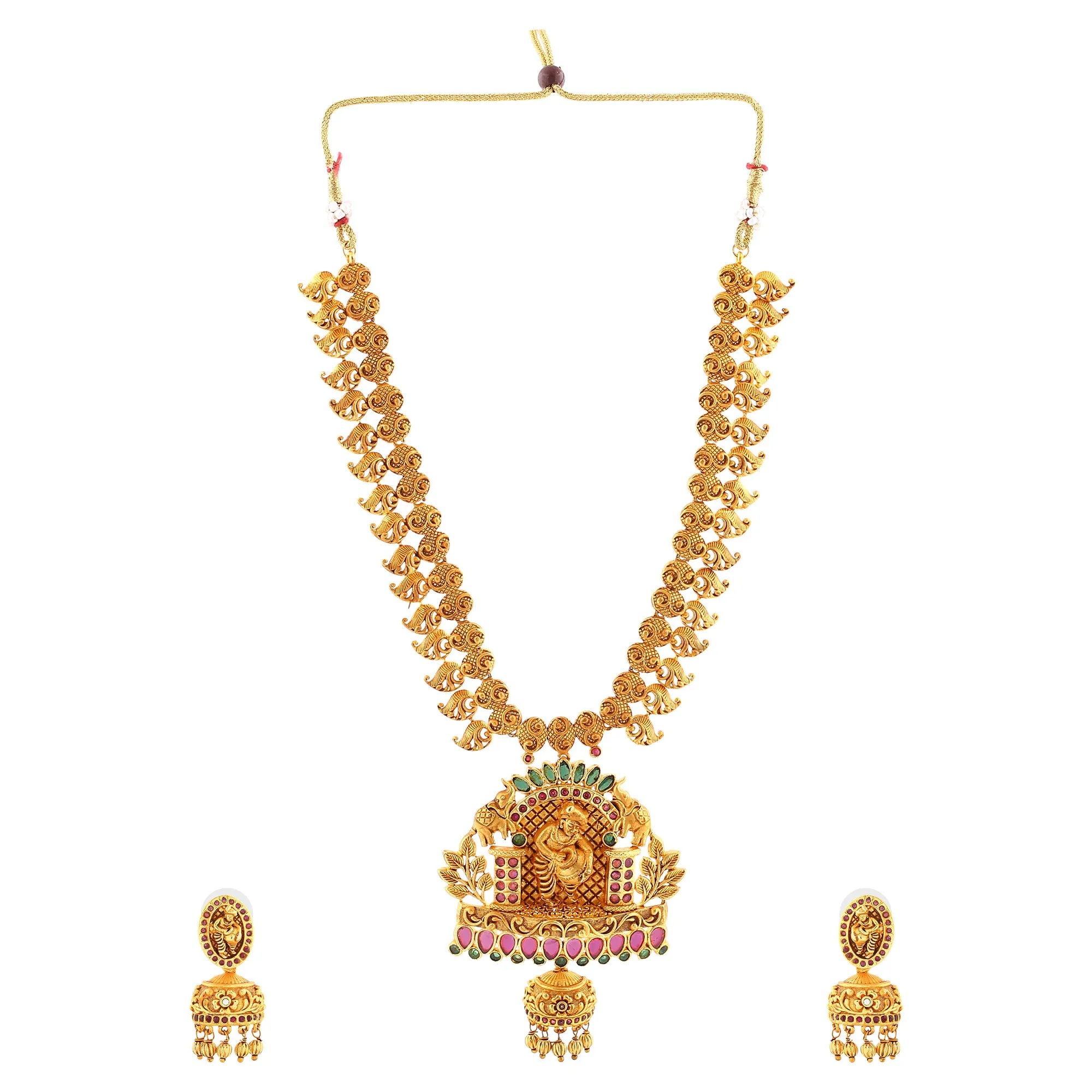 Estele Gold Plated CZ Lord Krishna Embellished with Elephants Designer Necklace Set with Pearls for Women