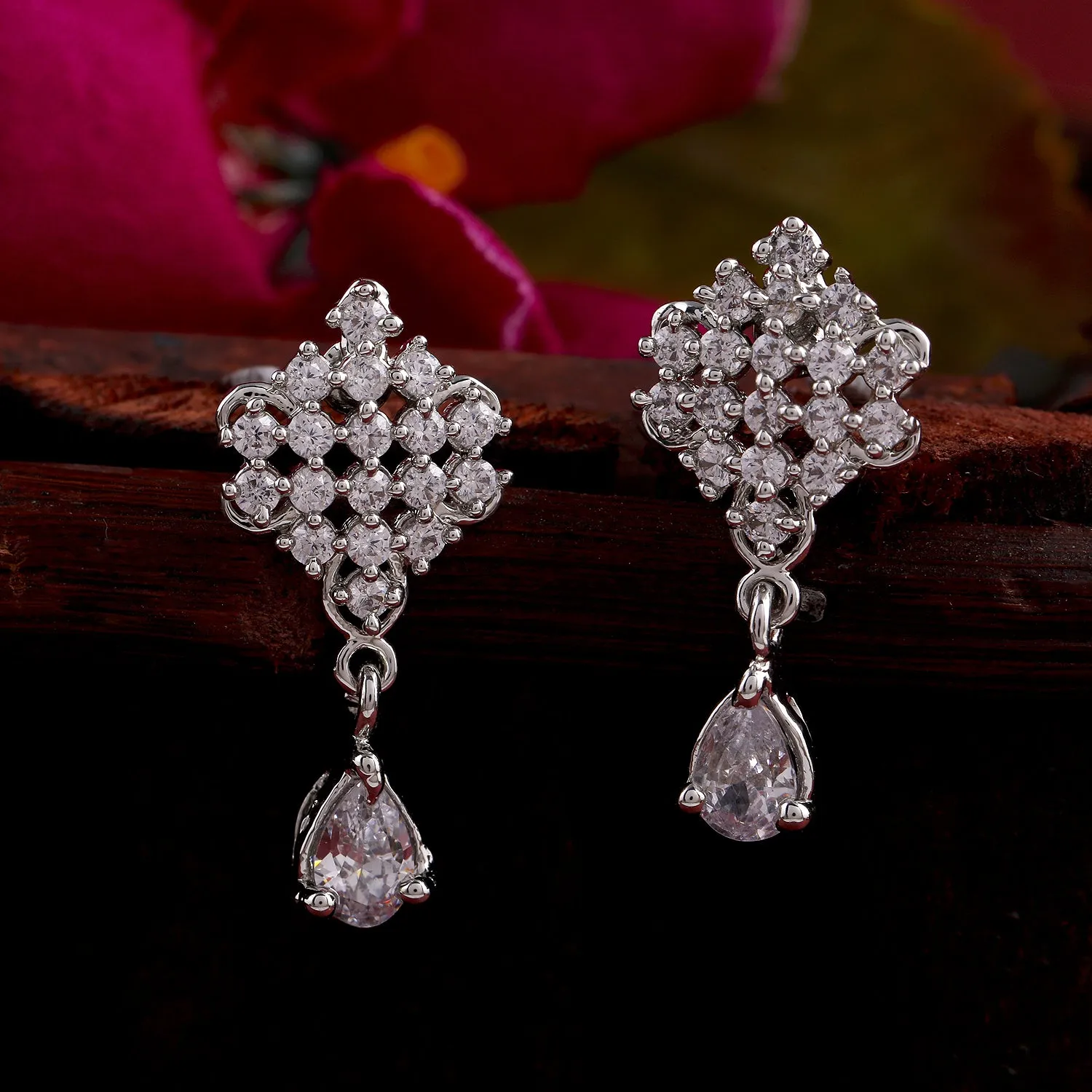 Estele - Rhodium plated Zircon Crystal drop Earrings