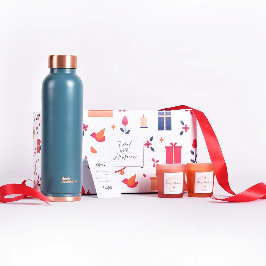 Gleevers Gift Set for Housewarming,Diwali | Gift Box of 3 with Copper Bottle (Teal, 1 LTR) & 2 Candles (60gm) | Gift for Housewarming, Diwali Gift