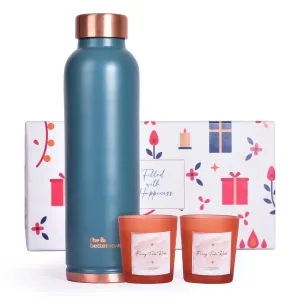 Gleevers Gift Set for Housewarming,Diwali | Gift Box of 3 with Copper Bottle (Teal, 1 LTR) & 2 Candles (60gm) | Gift for Housewarming, Diwali Gift