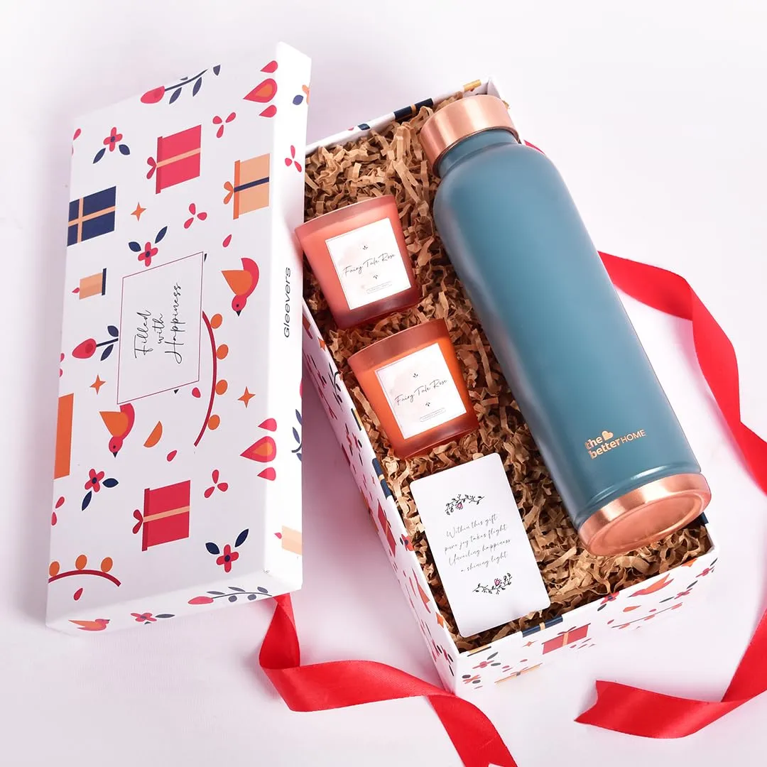 Gleevers Gift Set for Housewarming,Diwali | Gift Box of 3 with Copper Bottle (Teal, 1 LTR) & 2 Candles (60gm) | Gift for Housewarming, Diwali Gift