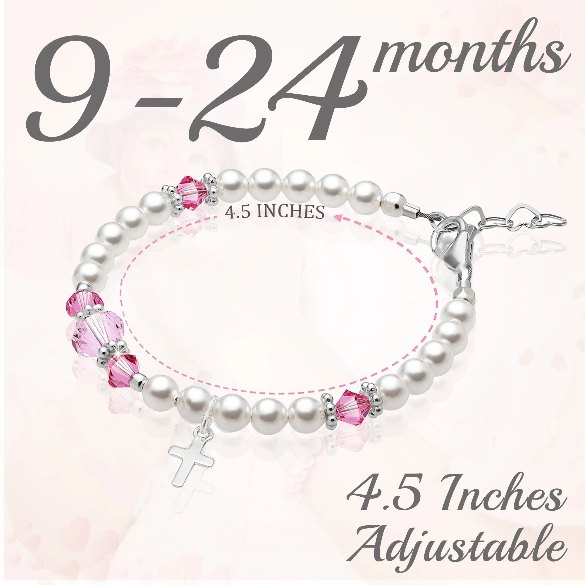 Infant Baby Girl Sterling Silver Cross Baptism Pearl Bracelet White Pearl Pink Crystals