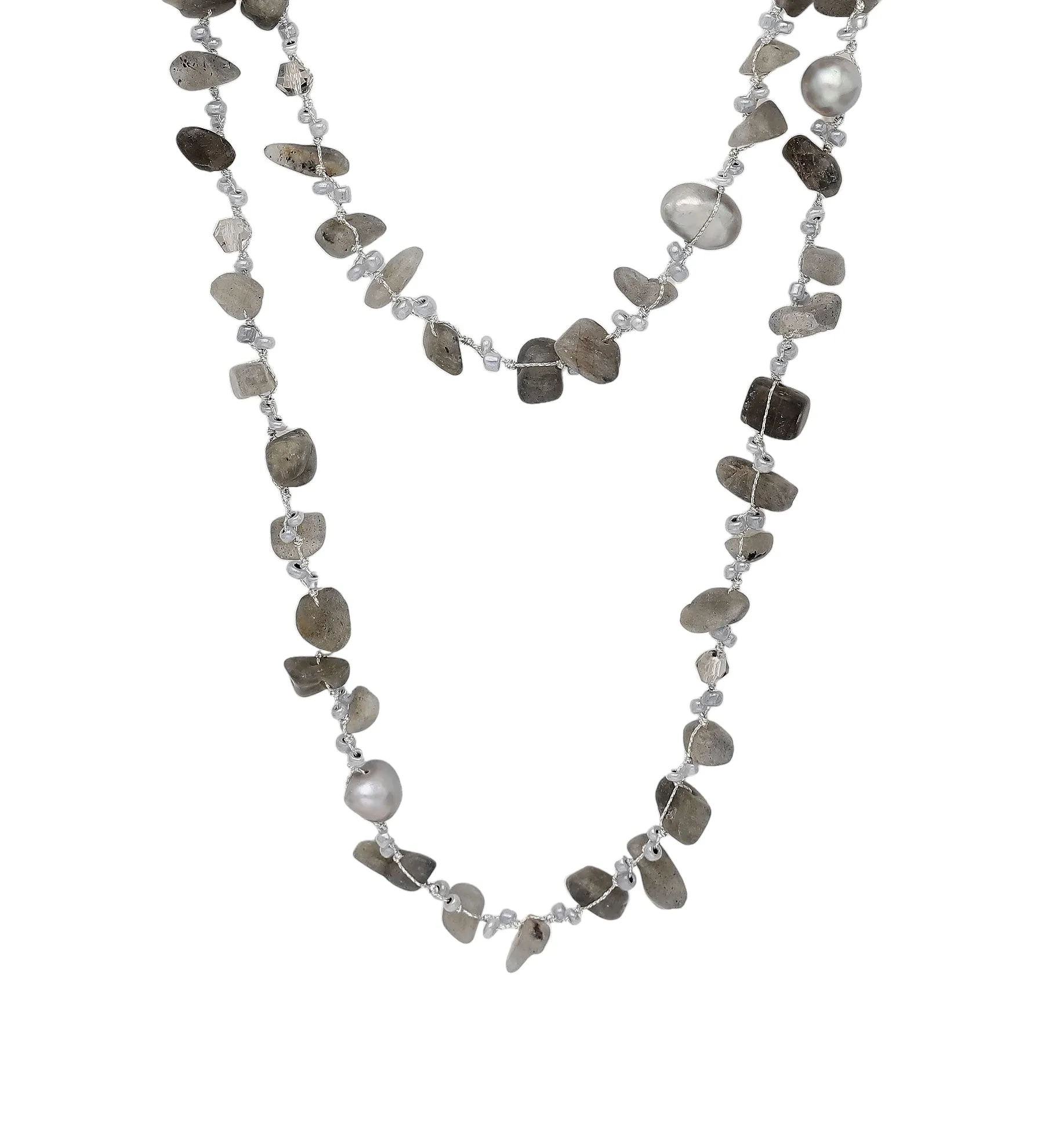 Labradorite and Freshwater Pearl on a Japanese Silk Cord Long Wrap Around Necklace KESLEY