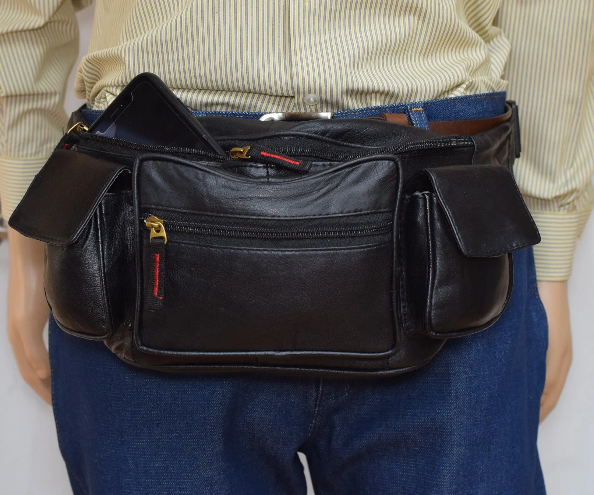 Large Genuine Leather Fanny Pack Waist Bag with Cellphone Pouch & Front Pocket RFID Protected