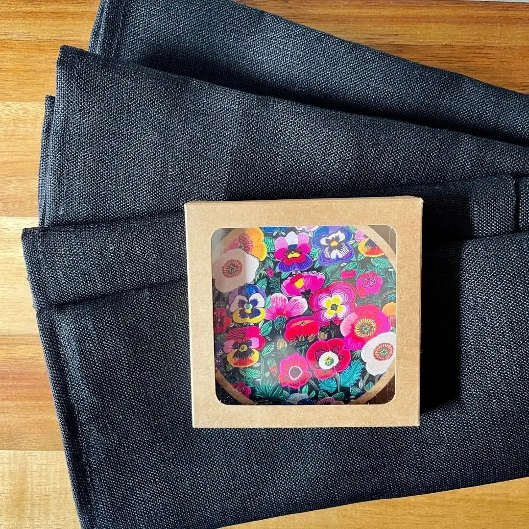 Pansies & Poppies Wooden Coasters & Napkin Set