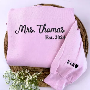 Personalized Bridal Shower Gifts for Her with Embroidered Ms Mrs Sweatshirt, EST Date, Any Text Icon on Sleeve