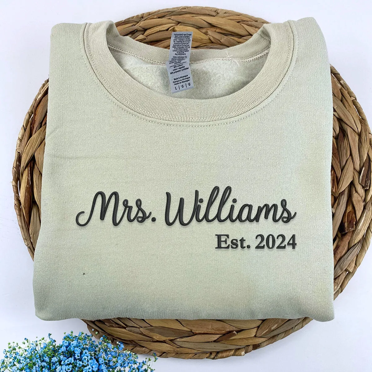 Personalized Bridal Shower Gifts for Her with Embroidered Ms Mrs Sweatshirt, EST Date, Any Text Icon on Sleeve