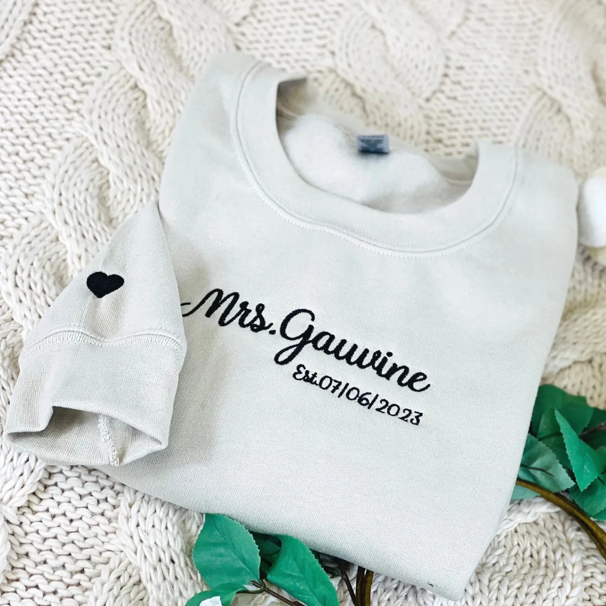 Personalized Bridal Shower Gifts for Her with Embroidered Ms Mrs Sweatshirt, EST Date, Any Text Icon on Sleeve